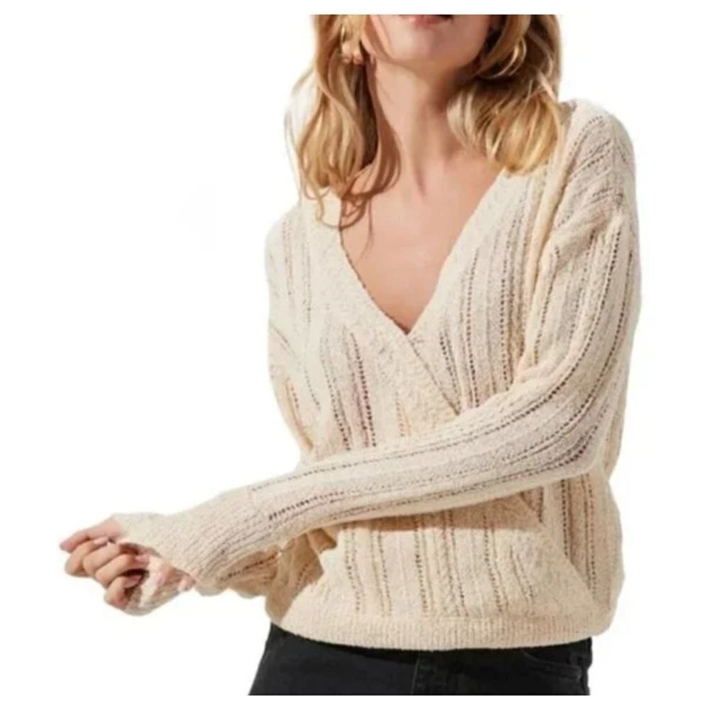 NEW ASTR S Faux Wrap V-neck Pointelle Knit Pullover Sweater in Beige Cream